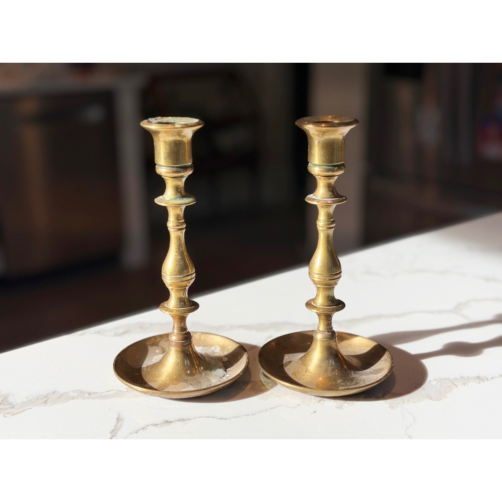 Vintage Solid Brass Candlestick Holders Set of 2 Baluster Style Marked OM 7 inch